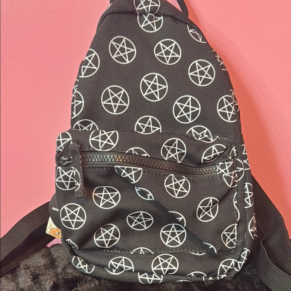 Black Backpack with White Pentagram Pattern
